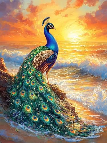 MOMAKA 5D Diamond Painting Kits Pfau, DIY Diamant Malerei Full Drill Set Sonnenuntergangstiere , Runde Diamant Arts Craft Cross Stickerei Malerei Kits für die Home Wanddekoration 30x40cm-80 von MOMAKA