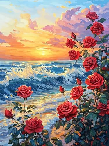 MOMAKA 5D Diamond Painting Kits Rose,DIY Diamant Malerei Full Drill Set Sonnenuntergang Am Meer , Runde Diamant Arts Craft Cross Stickerei Malerei Kits für die Home Wanddekoration 30x40cm-89 von MOMAKA