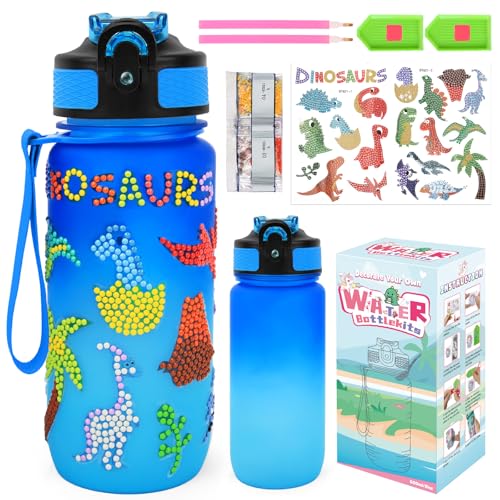 MOMSIV Handwerk Geschenke für Mädchen 5 6 7 8 9 10 Jahre, Kinder DIY Trinkflasche Set Spielzeug mit Glitter Diamond Dinosaurier Painting Aufkleber, Wasserflasche Kits für Kinder Geburtstag Geschenk von MOMSIV