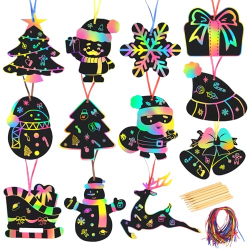 MONCAP 48pcs Christmas Scratch Art Xmas Black Magic Scratch Paper with Xmas Tree Snowman Snowflake Santa Claus Pattern for Kids Girls Boys Christmas Craft Project Gift Decor von MONCAP