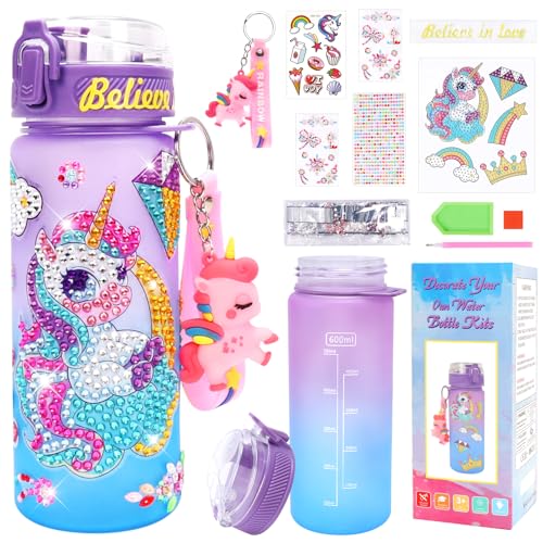 MONCAP Einhorn Trinkflasche Mädchen DIY Einhorn Geschenk für Mädchen 5 6 7 8 9 10 Jahre Wasserflasche Basteln Trinkflasche Selbst Gestalten mit Diamond Painting für Kinder Geburtstag von MONCAP