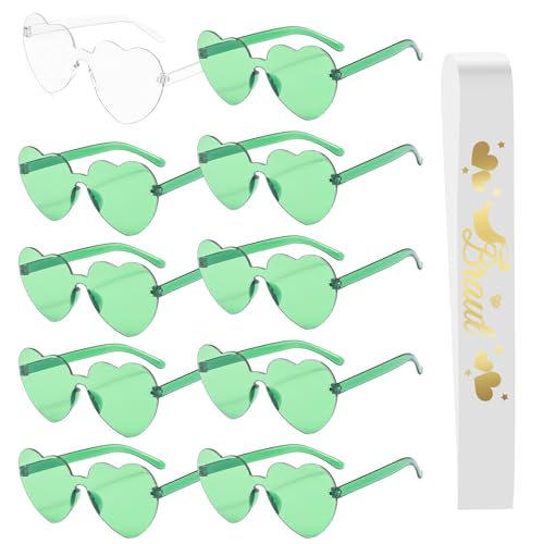 MONCAP 11STK JGA Brille Team Braut Sonnenbrille Frau Junggesellenabschied Accessoires Bride to Be Herz Brille Set mit Braut Schärpe Grüne Herz Partybrillen JGA Deko Accessoires für Hochzeit Brautparty von MONCAP