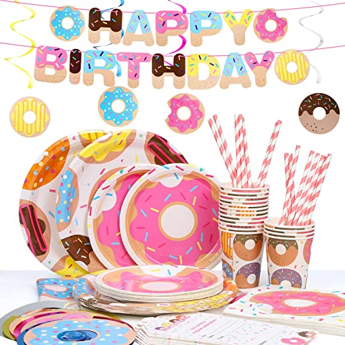 Donut Party Table Set für 16 Kinder, MOOKLIN ROAM Kindergeburtstag Party Zubehör Party Dekorationen Set Geschirr Pappbecher Teller Servietten Papiertrinkhalme (110-teiliges) von MOOKLIN ROAM