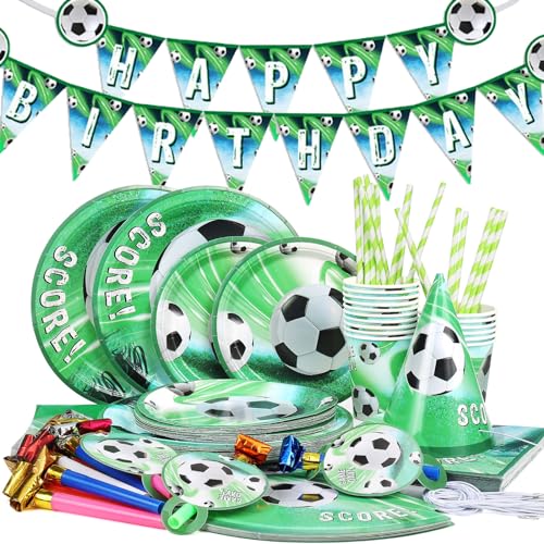 MOOKLIN ROAM Fussball Partygeschirr Set für 16 Gäste, 114 Stück Kindergeburtstag Party Supplie, Jungen Party Geburtstag Deko, Pappteller Servietten Tischdecke Strohhalme Pappbecher Blowouts Banner von MOOKLIN ROAM