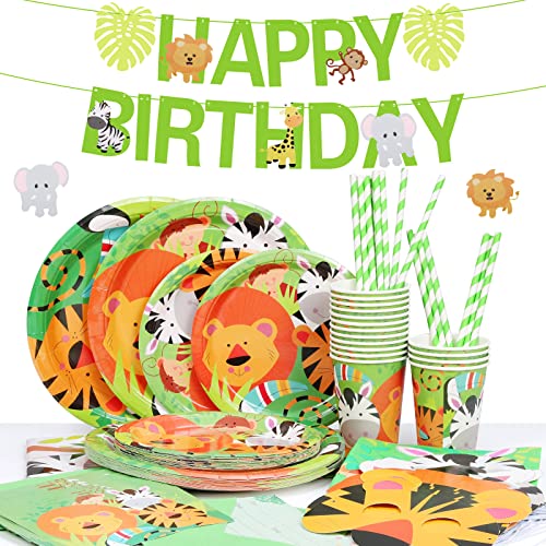 Waldtier Party Table Set, MOOKLIN ROAM 114-teiliges Kindergeburtstag Party Zubehör Party Dekorationen Set Geschirr Pappbecher Teller Servietten Papiertrinkhalme für 16 Gäste von MOOKLIN ROAM