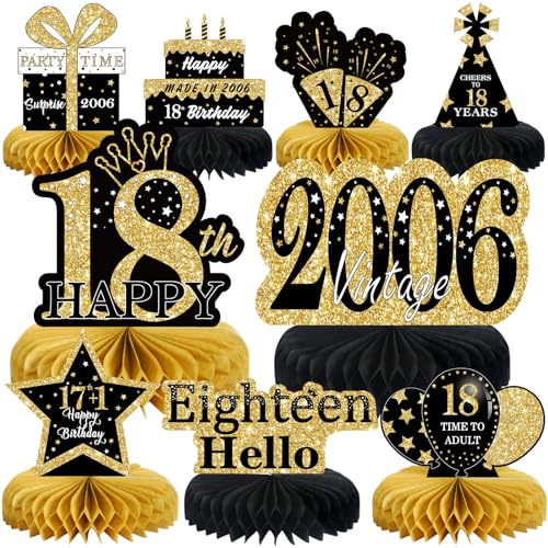 9 Stück Schwarz Gold 18. Geburtstag Dekorationen Honeycomb Tafelaufsätze für Jungen Mädchen, Happy 18th Birthday Tafelaufsätze Party Dekorationen Zubehör, Vintage 2005 Alter Geburtstag Tischschild Dekor von MOORAY