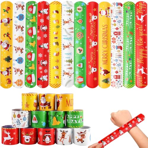 MOPQMKT 24 Stück Weihnachten Schnapparmband für Kinder Ideales Party Bag Füllstoffe,Bunte Weihnachten-Motto Snap Armbänder für Kinder Geschenke Spielzeug Partygeschenke, Giveaways, Austausch von MOPQMKT