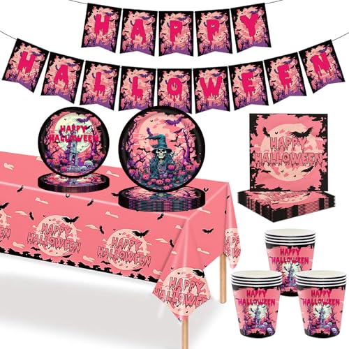 70 Stück Halloween-Partydekorationen, Pinkes Halloween-Partygeschirr-Set, Halloween-Pappteller, Papptassen, Servietten, Banner, Tischdecke, Kinder-Halloween-Partygeschirr in Pink von MORAINJAY