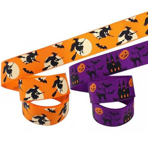 Halloween Satinband, 2 Rollen Halloween Ripsband 5 Yard x 25mm, Orange Schwarz Lila Geschenkband, Halloween Bänder Zierband Dekoband für Halloween, Stoffband Satin für Geschenkverpackung Kürbis Geist von MORAINJAY