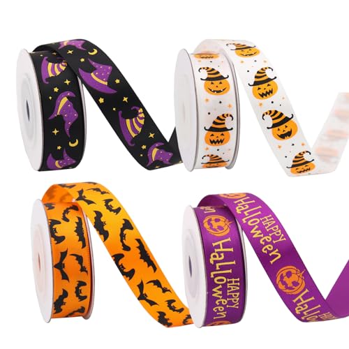 Halloween Satinband, 4 Rollen Halloween Ripsband 5 Yard x 16mm, Orange Schwarz Lila Geschenkband, Halloween Bänder Zierband Dekoband für Halloween, Stoffband Satin für Geschenkverpackung Kürbis Geist von MORAINJAY