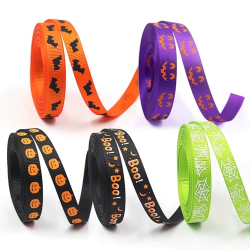 Halloween Satinband, 5 Rollen Halloween Ripsband 5 Yard x 10mm, Orange Schwarz Lila Geschenkband, Halloween Bänder Zierband Dekoband für Halloween, Stoffband Satin für Geschenkverpackung Kürbis Geist von MORAINJAY