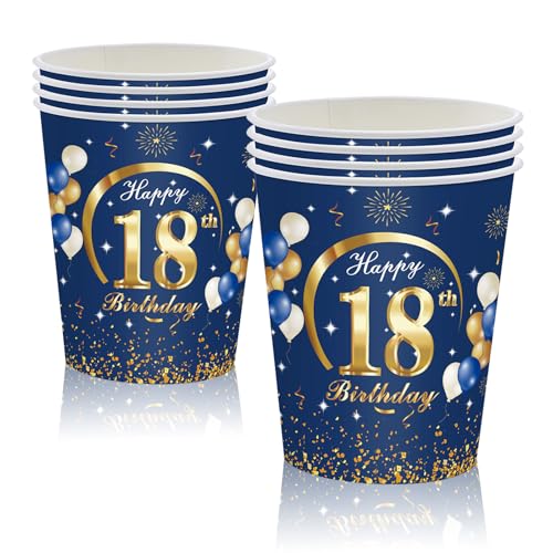 MORAINJAY 18 Geburtstag Papierbecher,16 Stück Blau mit Gold Papierbecher für Mädchen Junge 18 Geburtstag Party,9oz/250ml Papierbecher für 18. Geburtstag Party Deko von MORAINJAY