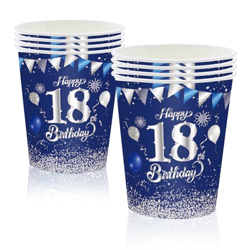 MORAINJAY 18 Geburtstag Papierbecher,16 Stück Blau mit Silver Papierbecher für Mädchen Junge 18 Geburtstag Party,9oz/250ml Papierbecher für 18. Geburtstag Party Deko von MORAINJAY