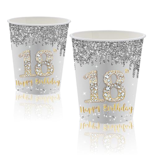 MORAINJAY 18 Geburtstag Papierbecher,16 Stück Silbernes mit Gold Papierbecher für Mädchen Junge 18 Geburtstag Party,9oz/250ml Papierbecher für 18. Geburtstag Party Deko von MORAINJAY