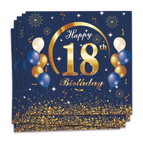 MORAINJAY 18 Geburtstag Papierserviette,20 Stück Blau mit Gold Geburtstagsservietten für Mädchen Junge 18 Geburtstag Party,16.5cm Quadrat Servietten für 18. Geburtstag Party Deko von MORAINJAY