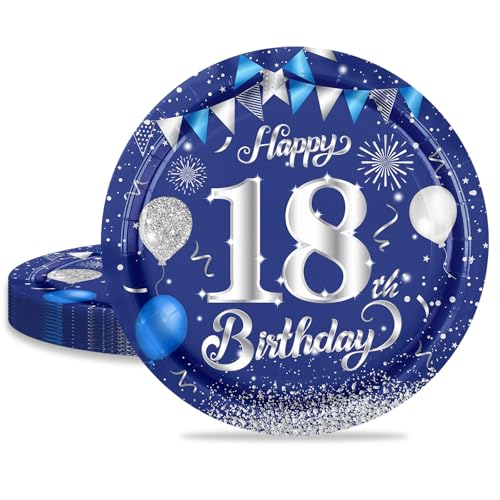 MORAINJAY 18 Geburtstag Pappteller,16 Stück Blau mit Silver Pappteller für Mädchen Junge 18 Geburtstag Party,7inch/18cm Pappteller für 18. Geburtstag Party Deko von MORAINJAY