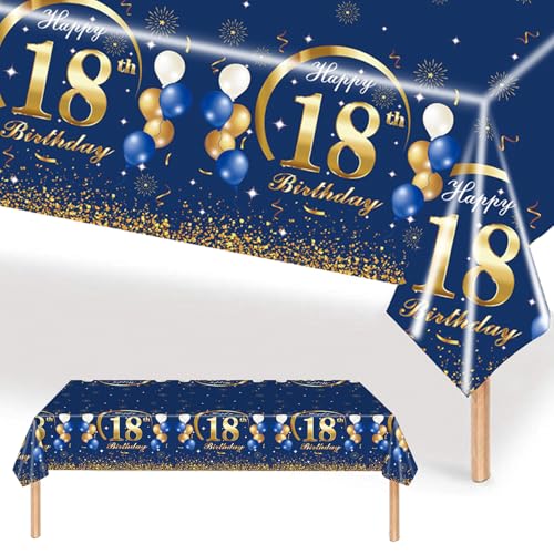 MORAINJAY 18 Geburtstag Tischdecke,137x274cm Blau mit Gold Tischdecke für Mädchen Junge 18 Geburtstag Party,Rechteckige Tischdecke für Geburtstag Party Deko zum 18. von MORAINJAY