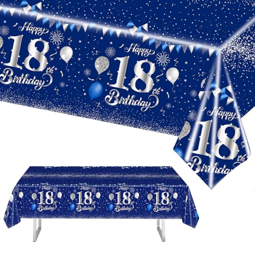 MORAINJAY 18 Geburtstag Tischdecke,137x274cm Blau mit Silver Tischdecke für Mädchen Junge 18 Geburtstag Party,Rechteckige Tischdecke für Geburtstag Party Deko zum 18. von MORAINJAY