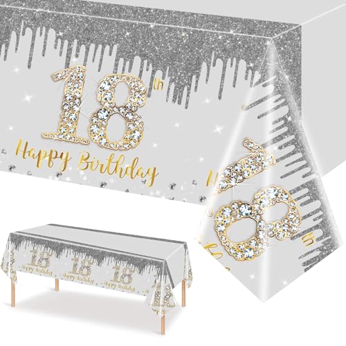 MORAINJAY 18 Geburtstag Tischdecke,137x274cm Silbernes mit Gold Tischdecke für Mädchen Junge 18 Geburtstag Party,Rechteckige Tischdecke für Geburtstag Party Deko zum 18. von MORAINJAY