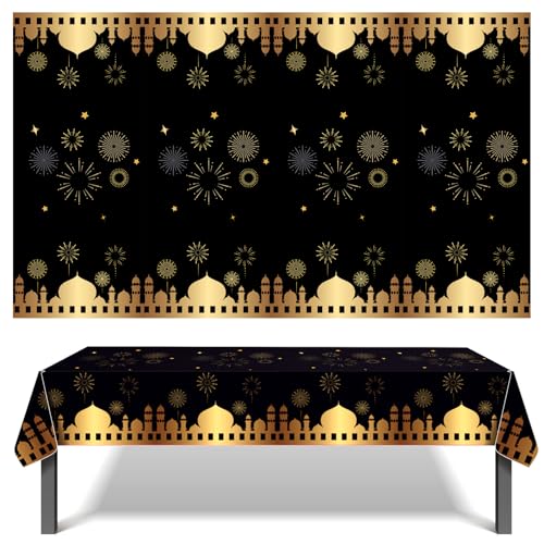 MORAINJAY 2 Stück Schwarze Eid Tischdecke Party,130x220cm Große Tischdecken für Eid Mubarak Party,Rechteckige Kunststoff Tischdecken Mond und Stern Dekorationen für Islam,Muslimische Party von MORAINJAY