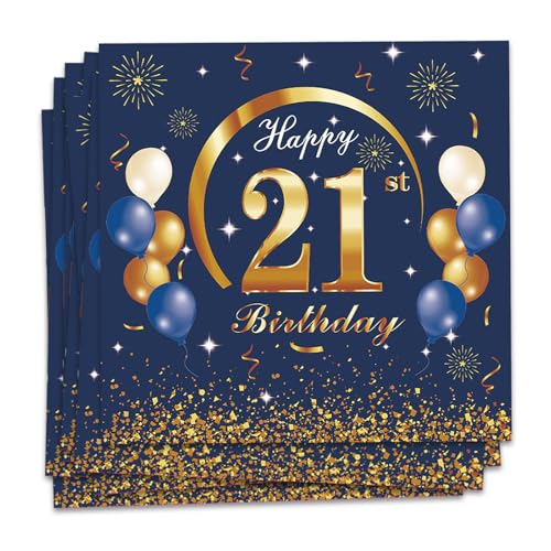 MORAINJAY 21 Geburtstag Papierserviette,20 Stück Blau mit Gold Geburtstagsservietten für Mädchen Junge 21 Geburtstag Party,16.5cm Quadrat Servietten für 21. Geburtstag Party Deko von MORAINJAY