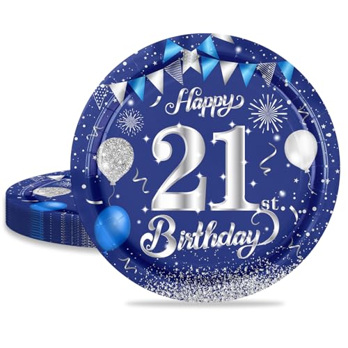 MORAINJAY 21 Geburtstag Pappteller,16 Stück Blau mit Silver Pappteller für Mädchen Junge 21 Geburtstag Party,9inch/23cm Pappteller für 21. Geburtstag Party Deko von MORAINJAY