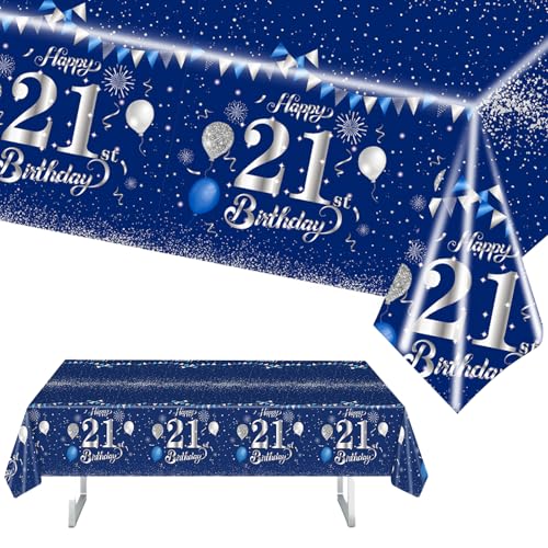 MORAINJAY 21 Geburtstag Tischdecke,137x274cm Blau mit Silver Tischdecke für Mädchen Junge 21 Geburtstag Party,Rechteckige Tischdecke für Geburtstag Party Deko zum 21. von MORAINJAY