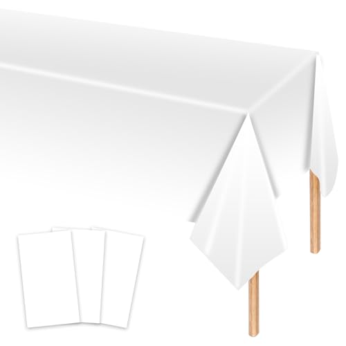 MORAINJAY 3 Stück weiße rechteckige Plastik-Tischdecken – Elegante Abdeckungen für Hochzeiten, Partys, Geburtstage, Abendessen und Mittagessen – Für jeden Anlass und Tisch von MORAINJAY