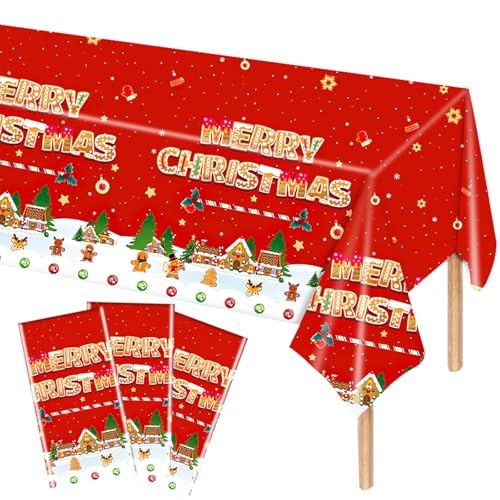 MORAINJAY 3-teiliges Set mit roten Lebkuchenmännchen-Tischdecken, 137 x 274 cm, Weihnachtstischdecken, rote Weihnachtstischdecken-Dekoration für Weihnachtsparty-Dekorationen für Kinder von MORAINJAY