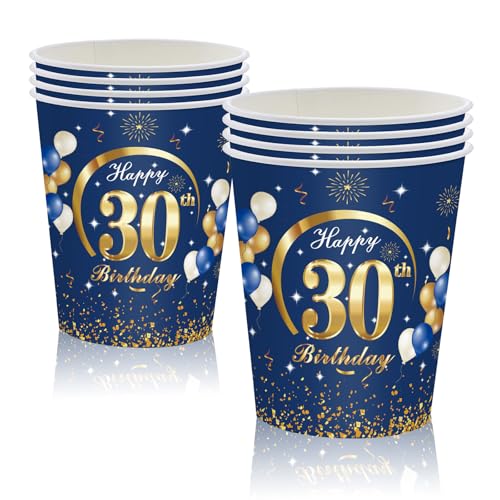 MORAINJAY 30 Geburtstag Papierbecher,16 Stück Blau mit Gold Papierbecher für Mann Frau 30 Geburtstag Party,9oz/250ml Papierbecher für 30. Geburtstag Party Deko von MORAINJAY