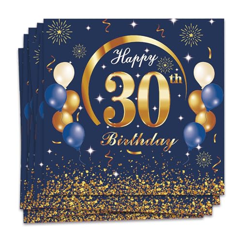 MORAINJAY 30 Geburtstag Papierserviette,20 Stück Blau mit Gold Geburtstagsservietten für Mann Frau 30 Geburtstag Party,16.5cm Quadrat Servietten für 30. Geburtstag Party Deko von MORAINJAY