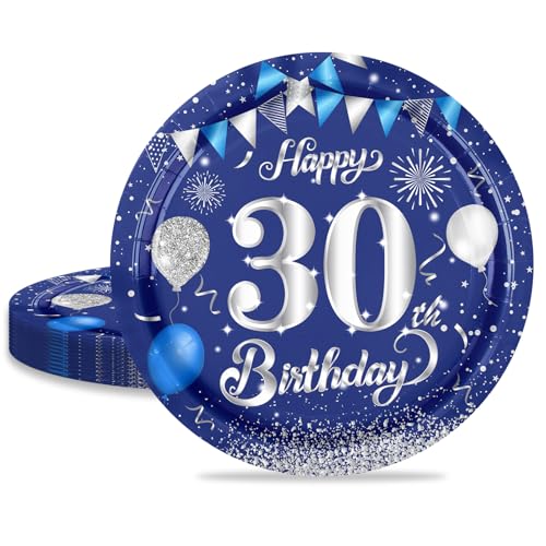 MORAINJAY 30 Geburtstag Pappteller,16 Stück Blau mit Silver Pappteller für Mann Frau 30 Geburtstag Party,7inch/18cm Pappteller für 30. Geburtstag Party Deko von MORAINJAY