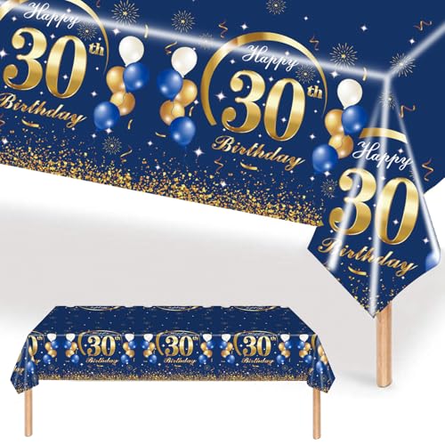 MORAINJAY 30 Geburtstag Tischdecke,137x274cm Blau mit Gold Tischdecke für Mann Frau 30 Geburtstag Party,Rechteckige Tischdecke für Geburtstag Party Deko zum 30. von MORAINJAY