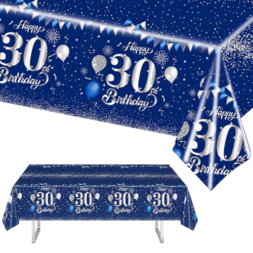 MORAINJAY 30 Geburtstag Tischdecke,137x274cm Blau mit Silver Tischdecke für Mann Frau 30 Geburtstag Party,Rechteckige Tischdecke für Geburtstag Party Deko zum 30. von MORAINJAY