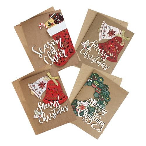 MORAINJAY 4 Stück Weihnachtskarten mit Umschlag Aufklebern Set, Klappkarten Weihnachtsgrußkarten Kraftpapier Karten Postkarten für Weihnachten, 3D Pop Up Grußkarte für Familie Freunde Weihnachtsgrüße von MORAINJAY