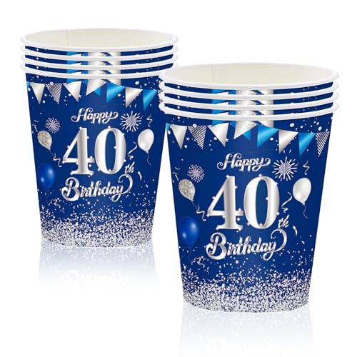 MORAINJAY 40 Geburtstag Papierbecher,16 Stück Blau mit Silver Papierbecher für Mann Frau 40 Geburtstag Party,9oz/250ml Papierbecher für 40. Geburtstag Party Deko von MORAINJAY