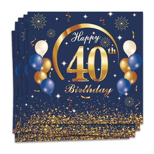 MORAINJAY 40 Geburtstag Papierserviette,20 Stück Blau mit Gold Geburtstagsservietten für Mann Frau 40 Geburtstag Party,16.5cm Quadrat Servietten für 40. Geburtstag Party Deko von MORAINJAY