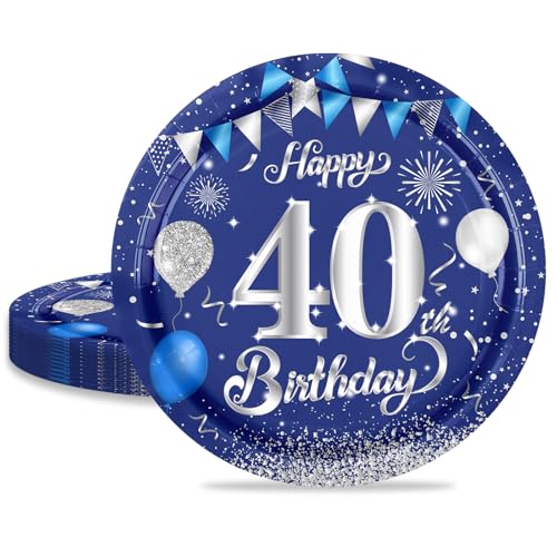 MORAINJAY 40 Geburtstag Pappteller,16 Stück Blau mit Silver Pappteller für Mann Frau 40 Geburtstag Party,7inch/18cm Pappteller für 40. Geburtstag Party Deko von MORAINJAY