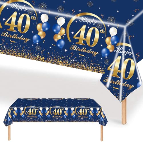 MORAINJAY 40 Geburtstag Tischdecke,137x274cm Blau mit Gold Tischdecke für Mann Frau 40 Geburtstag Party,Rechteckige Tischdecke für Geburtstag Party Deko zum 40. von MORAINJAY