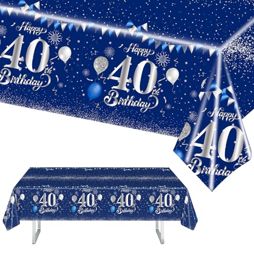 MORAINJAY 40 Geburtstag Tischdecke,137x274cm Blau mit Silver Tischdecke für Mann Frau 40 Geburtstag Party,Rechteckige Tischdecke für Geburtstag Party Deko zum 40. von MORAINJAY