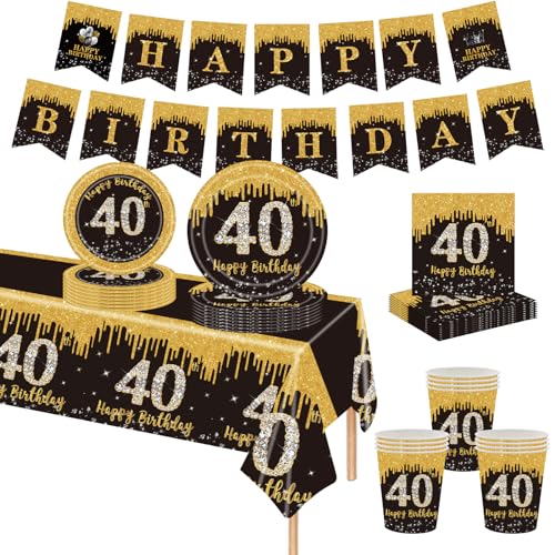 MORAINJAY 40. Schwarzes Partygeschirr Geburtstag 70 Teiliges Set. Pappteller, Pappbecher, Servietten, Papierbanner, 40 Jahre Party für Herren und Damen Geburtstag Tischdeko von MORAINJAY