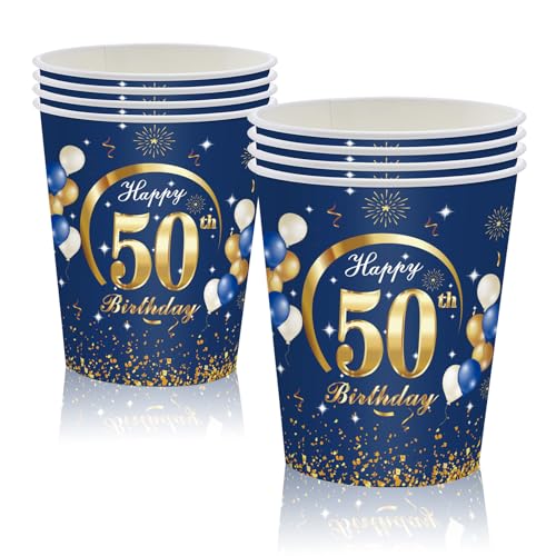 MORAINJAY 50 Geburtstag Papierbecher,16 Stück Blau mit Gold Papierbecher für Mann Frau 50 Geburtstag Party,9oz/250ml Papierbecher für 50. Geburtstag Party Deko von MORAINJAY