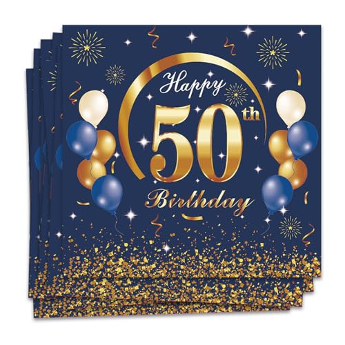 MORAINJAY 50 Geburtstag Papierserviette,20 Stück Blau mit Gold Geburtstagsservietten für Mann Frau 50 Geburtstag Party,16.5cm Quadrat Servietten für 50. Geburtstag Party Deko von MORAINJAY