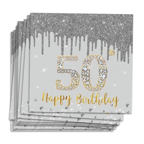 MORAINJAY 50 Geburtstag Papierserviette,20 Stück Silbernes mit Gold Geburtstagsservietten für Mann Frau 50 Geburtstag Party,16.5cm Quadrat Servietten für 50. Geburtstag Party Deko von MORAINJAY