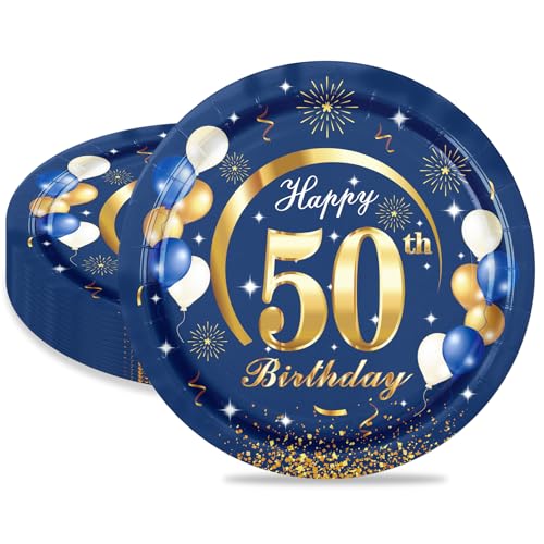 MORAINJAY 50 Geburtstag Pappteller,16 Stück Blau mit Gold Pappteller für Mann Frau 50 Geburtstag Party,9inch/23cm Pappteller für 50. Geburtstag Party Deko von MORAINJAY