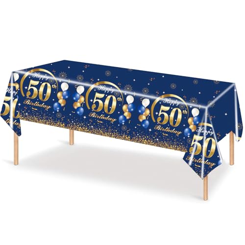 MORAINJAY 50 Geburtstag Tischdecke,137x274cm Blau mit Gold Tischdecke für Mann Frau 50 Geburtstag Party,Rechteckige Tischdecke für Geburtstag Party Deko zum 50. von MORAINJAY