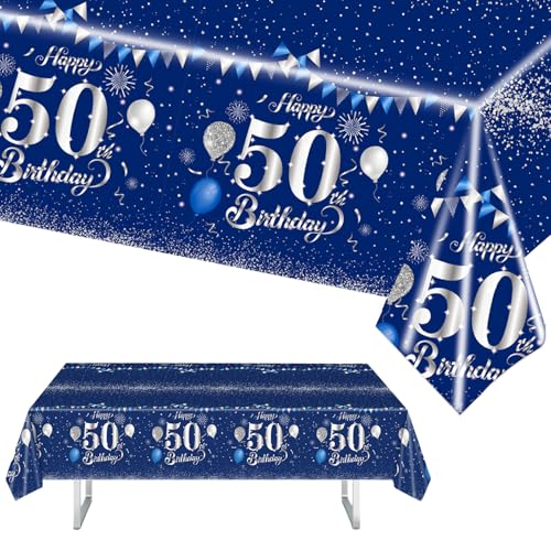 MORAINJAY 50 Geburtstag Tischdecke,137x274cm Blau mit Silver Tischdecke für Mann Frau 50 Geburtstag Party,Rechteckige Tischdecke für Geburtstag Party Deko zum 50. von MORAINJAY