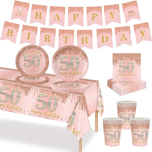 MORAINJAY 50. Roségold Partygeschirr Geburtstag 70 Teiliges Set. Pappteller, Pappbecher, Servietten, Papierbanner, 50 Jahre Party für Herren und Damen Geburtstag Tischdeko von MORAINJAY