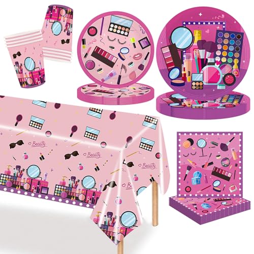 MORAINJAY 51-teiliges Spa-Party-Geschirr-Set, Make-up-Party-Geschirr-Set, Pappteller, Pappbecher, Servietten, Tischdecke, für Mädchen, Kinder, Prinzessin, süßes Pink, Make-Up-Thema, von MORAINJAY