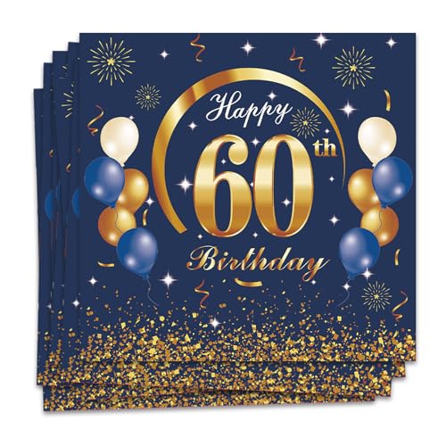 MORAINJAY 60 Geburtstag Papierserviette,20 Stück Blau mit Gold Geburtstagsservietten für Mann Frau 60 Geburtstag Party,16.5cm Quadrat Servietten für 60. Geburtstag Party Deko von MORAINJAY